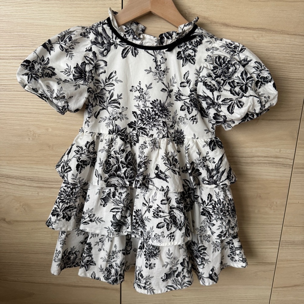 Janie and Jack Black & White Floral Blouse with Velvet Trim